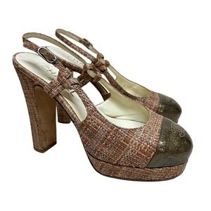 Chanel Tweed CC Interlocking Bronze Raffia Slingback Platform Heels Cap Toe 37